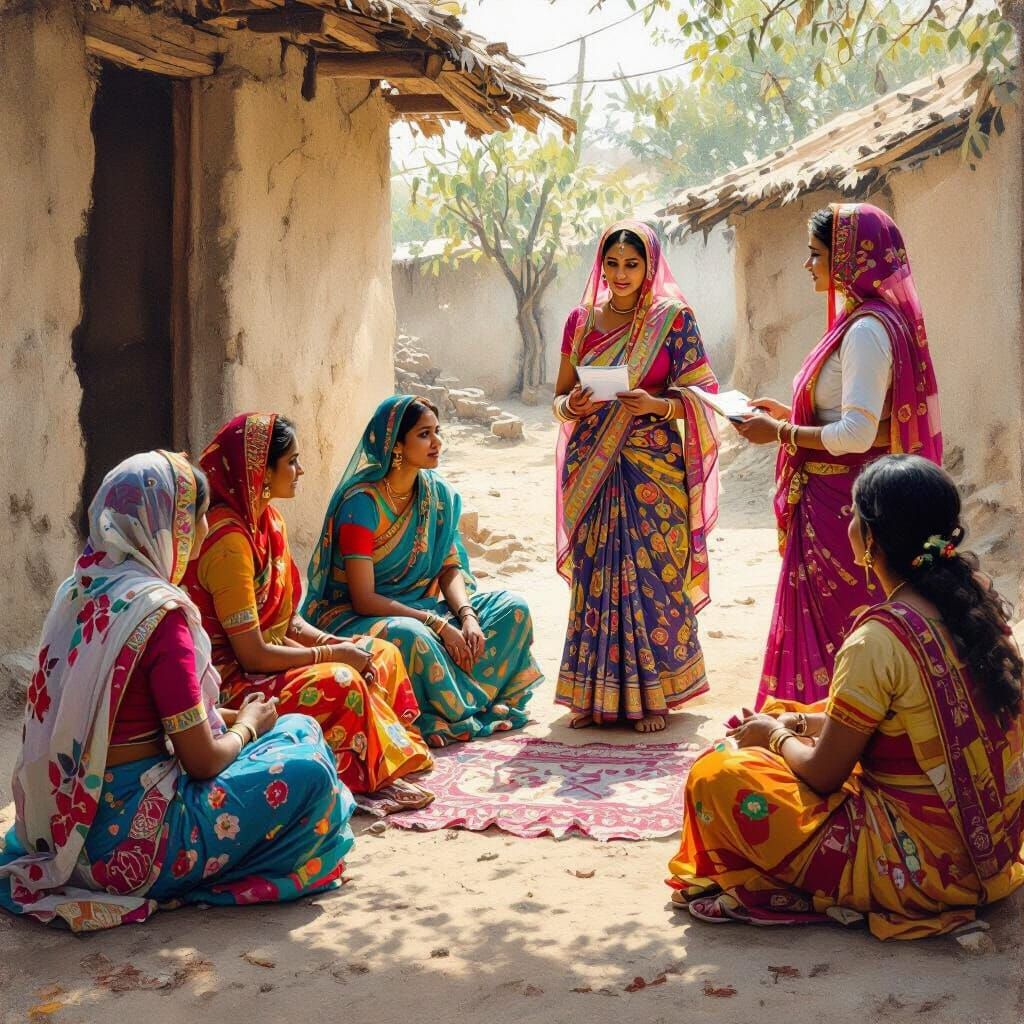 Indian Women in Traditional Attire at Village Meeting