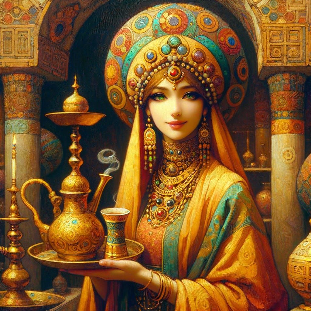Arab Woman Serving Coffee in Opulent Oil Painting