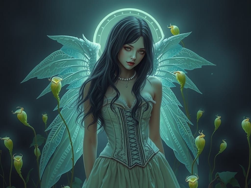 Angel of Ephemeral Bloom in a Gloomy, Bioluminescent Realm