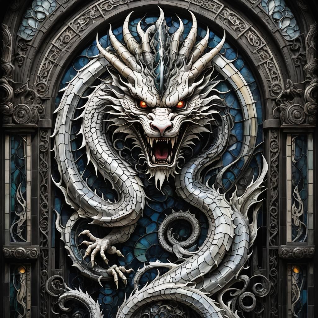 Giger-Style Stained Glass Dragon in Gothic Temple