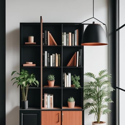 Modern Peach and Black Bookcase with Bokeh Lighting