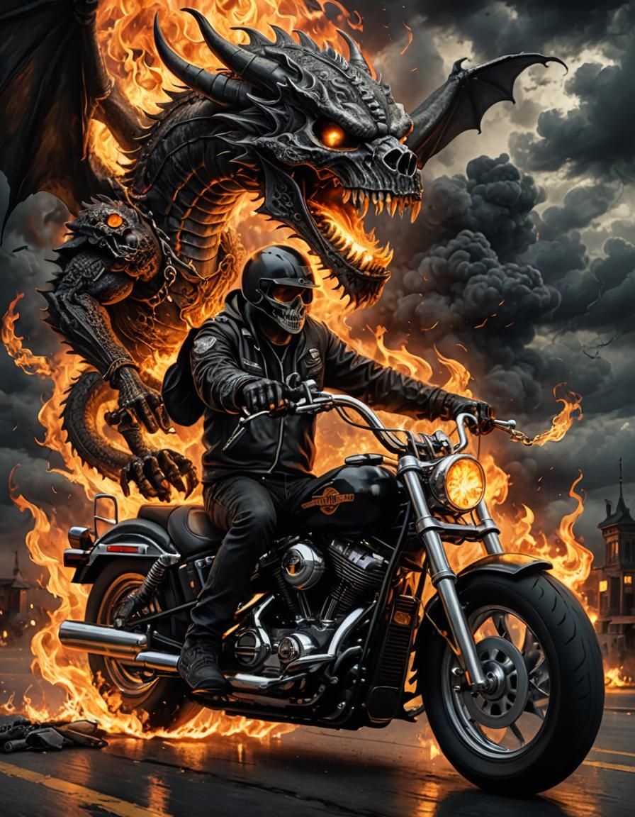 Flaming Skull Rider on Harley Davidson in Digital Art