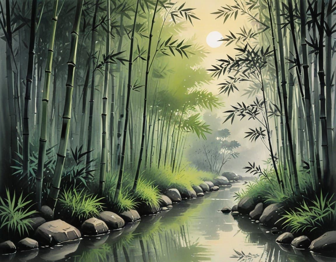 Bamboo Grove in Sumi-e Style with Stone Path