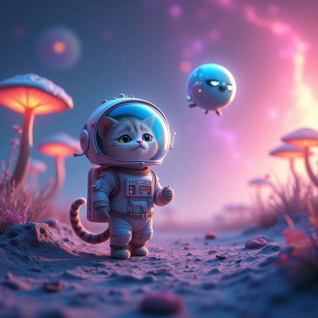 Heroic Feline Astronaut Explores Alien World in Vibrant, Pix...
