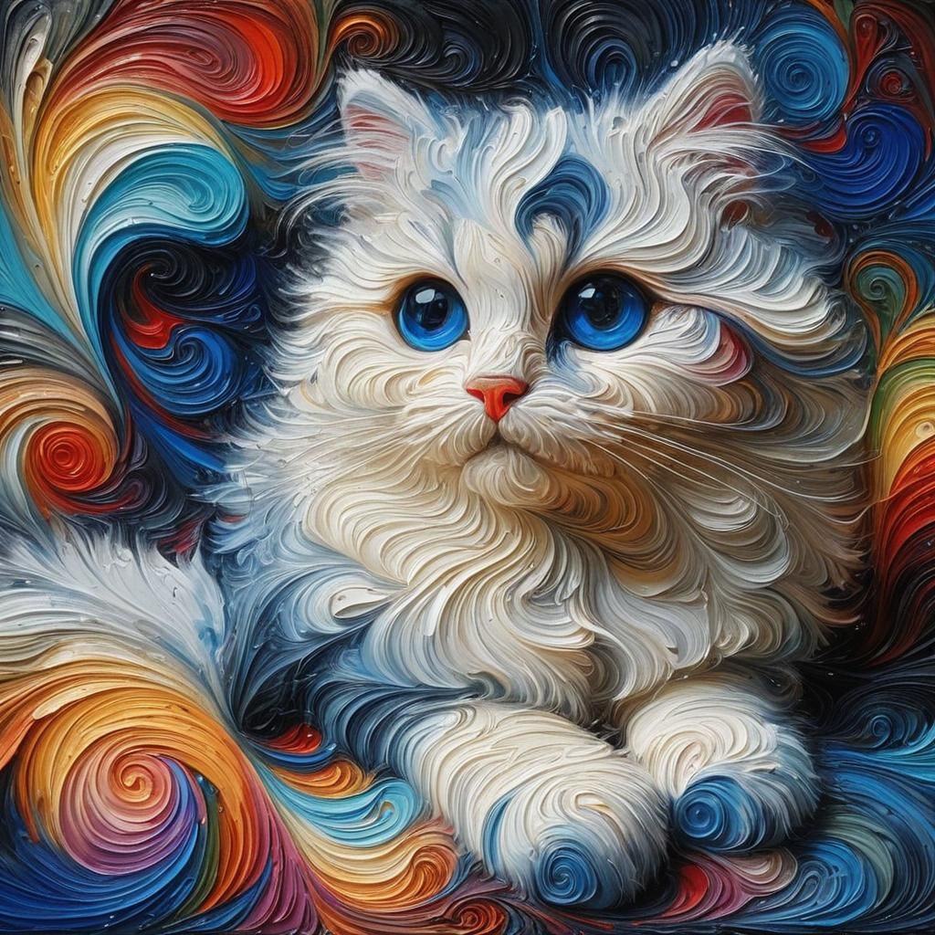 Colorful Cat Close-Up: Impasto Texture Painting