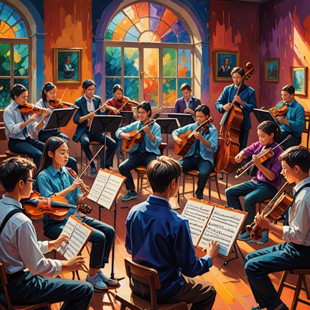 Vibrant Oil Painting of a Lively Music Class with Instrument...