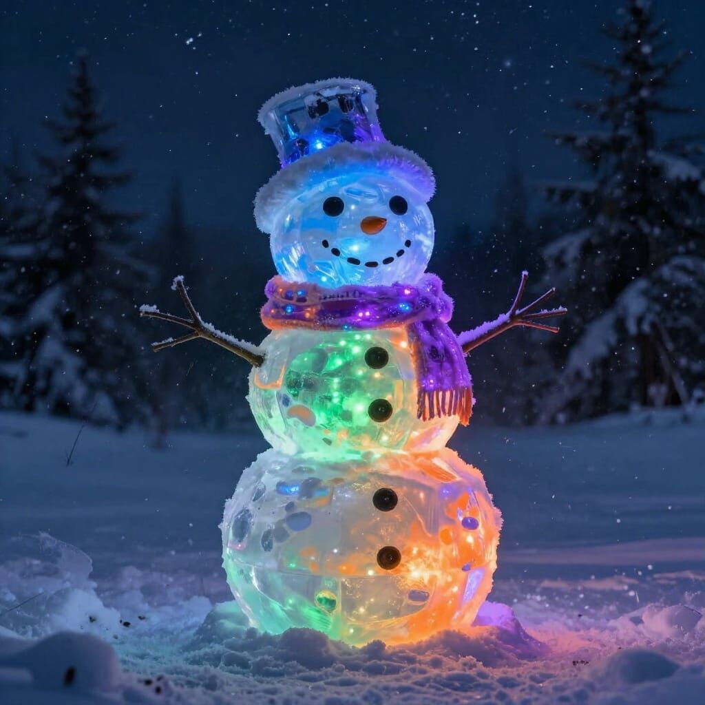 Glowing Ice Snowman in Starry Night Snowscape