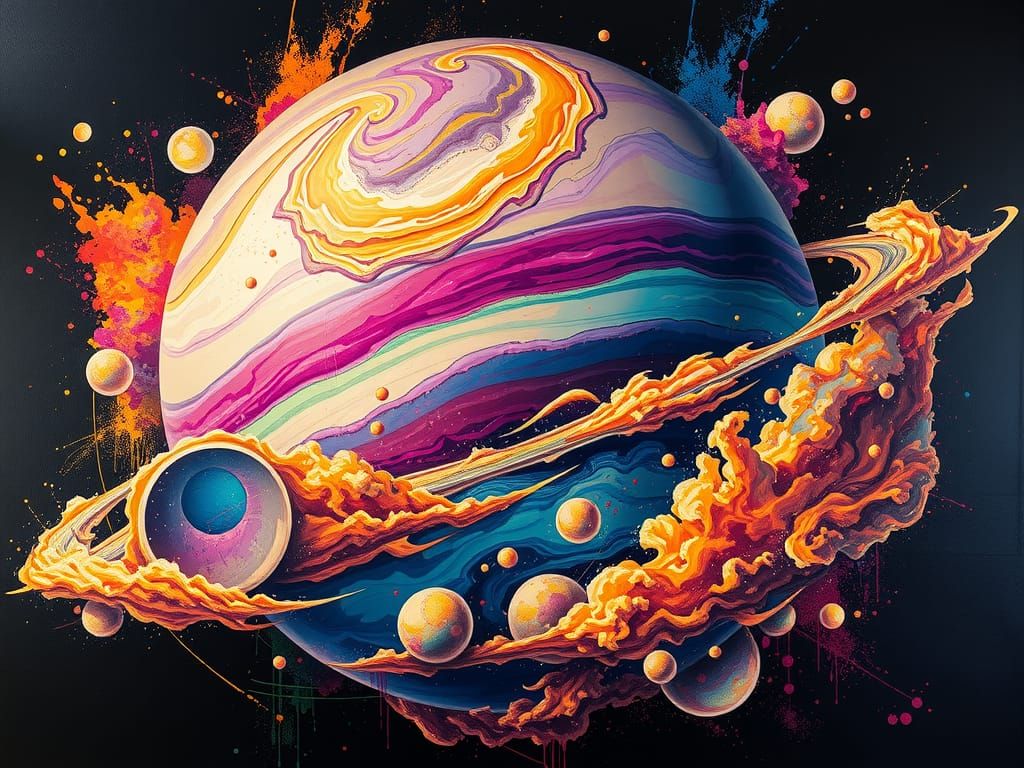Majestic Gas Giant with Iridescent Clouds as Street Art