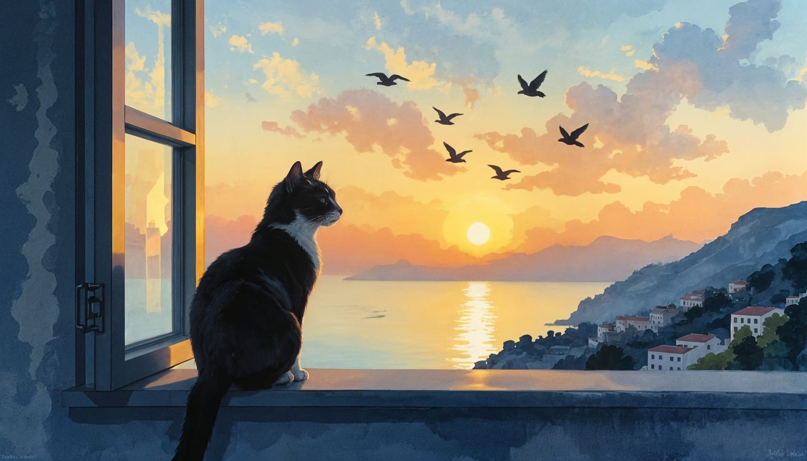 Cat Watching Sunset Birds, Minimalist Watercolor Painting