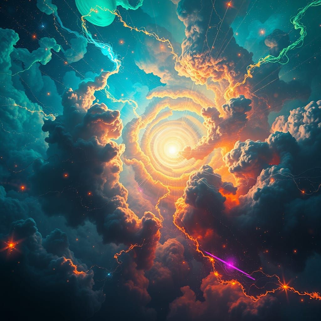 Cosmic Nexus: Swirling Iridescent Gas and Radiant Threads of...