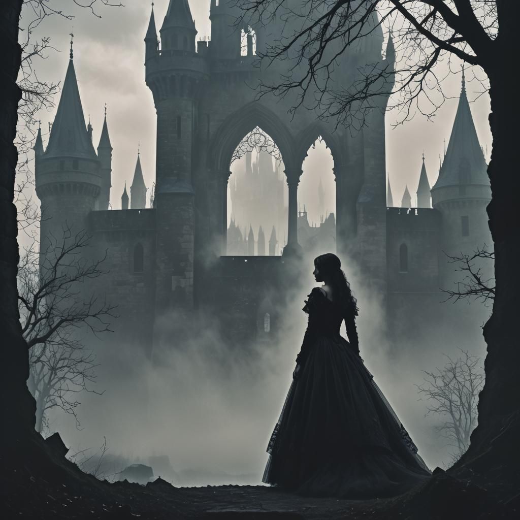 Eerie Gothic Silhouette of Girl in Dark Castle
