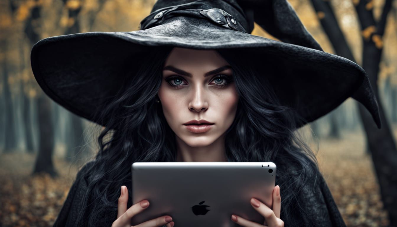 Hyperrealistic Modern Witch Using iPad
