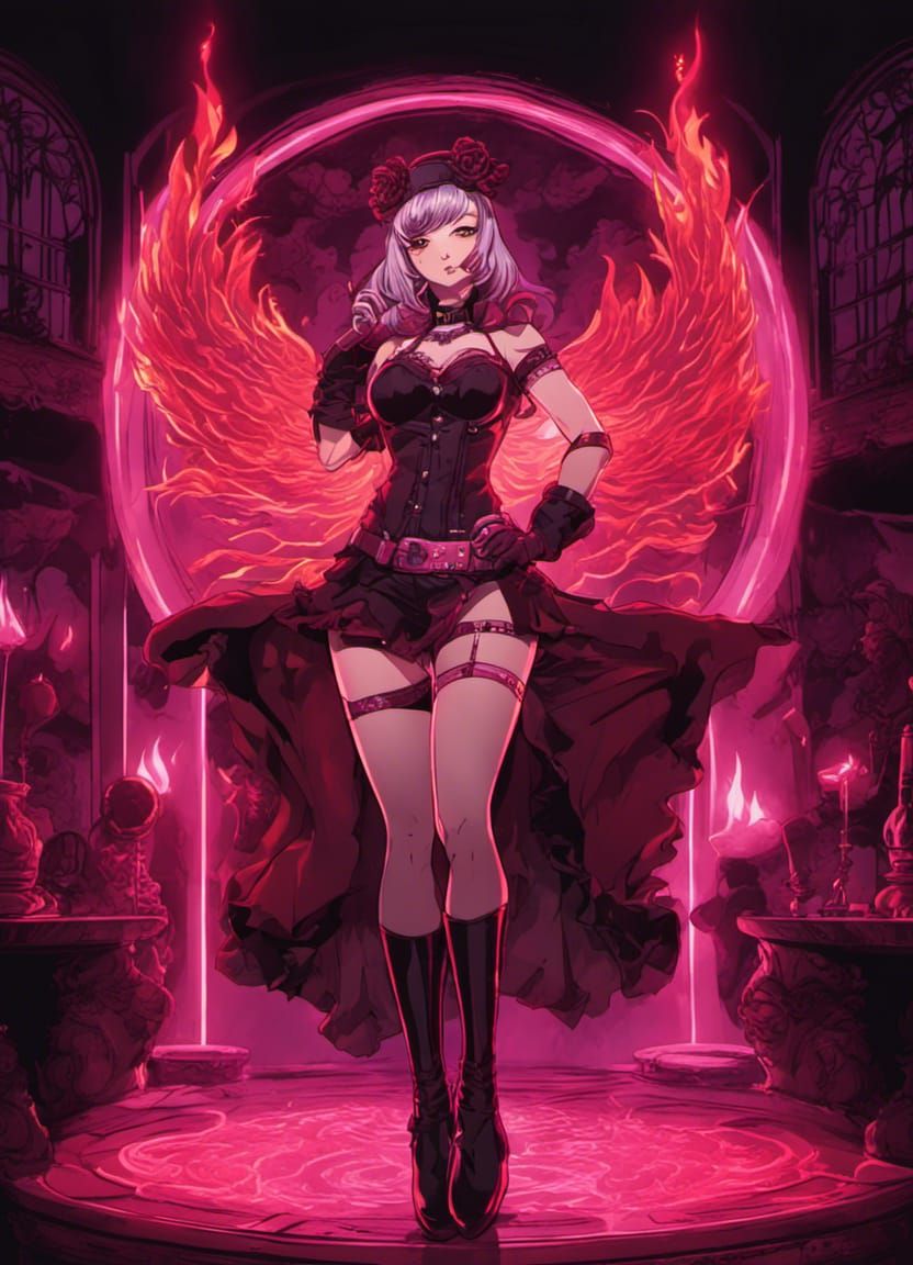 Anime Burlesque Dancer with Neon Flames