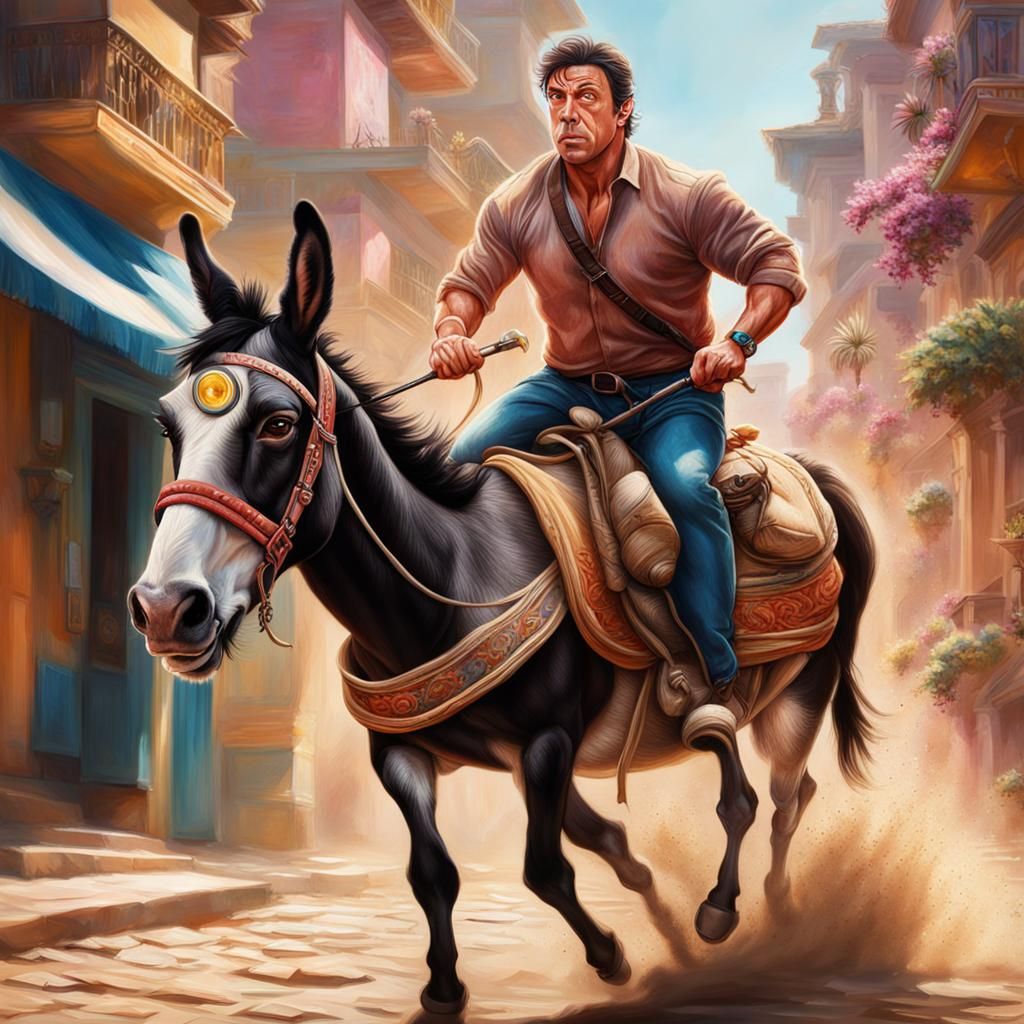 Silvester Stallone Rides a Donkey: Hyperrealistic Art