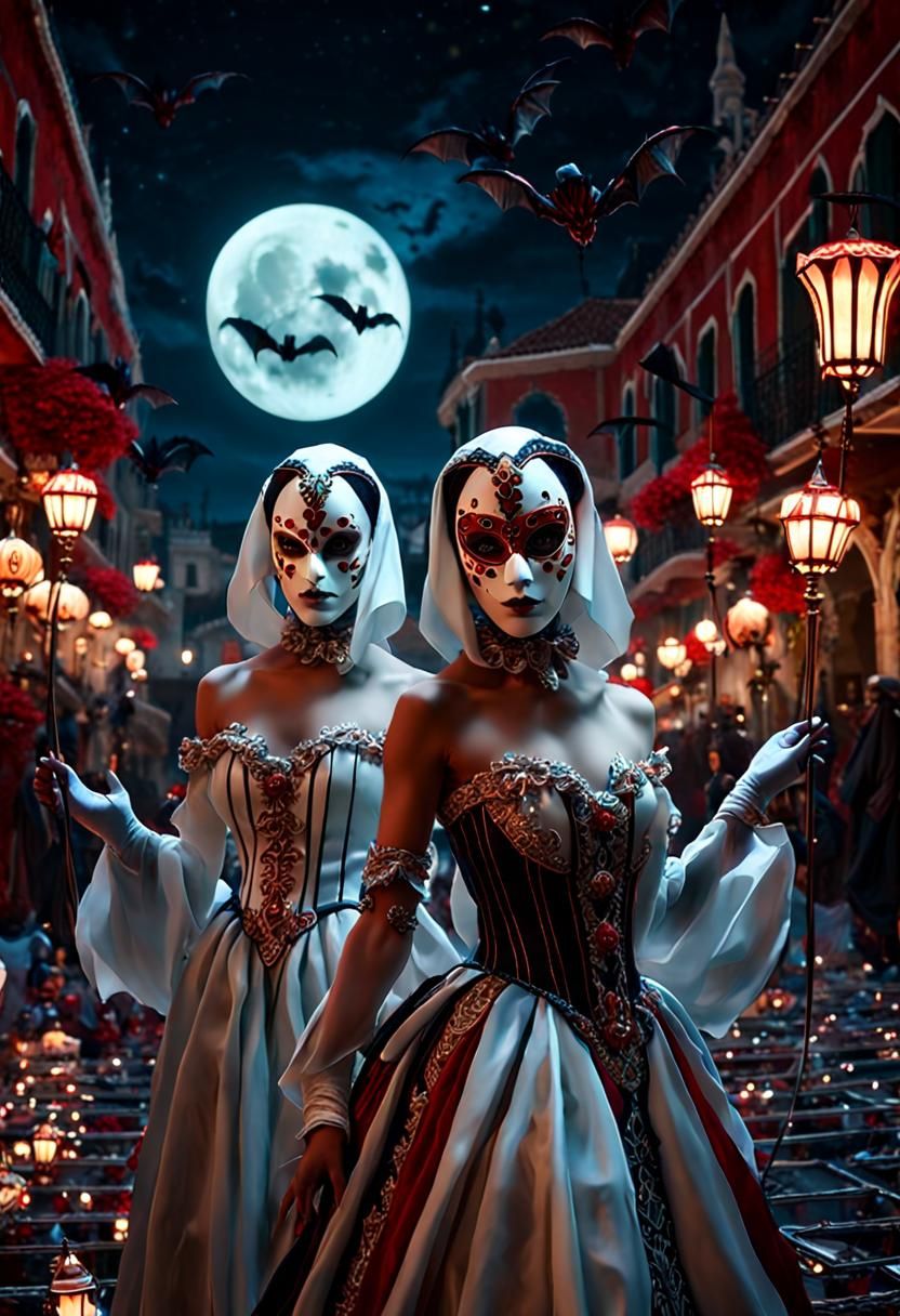 Eerie Venetian Carnival with Ghostly Harlequin Figures