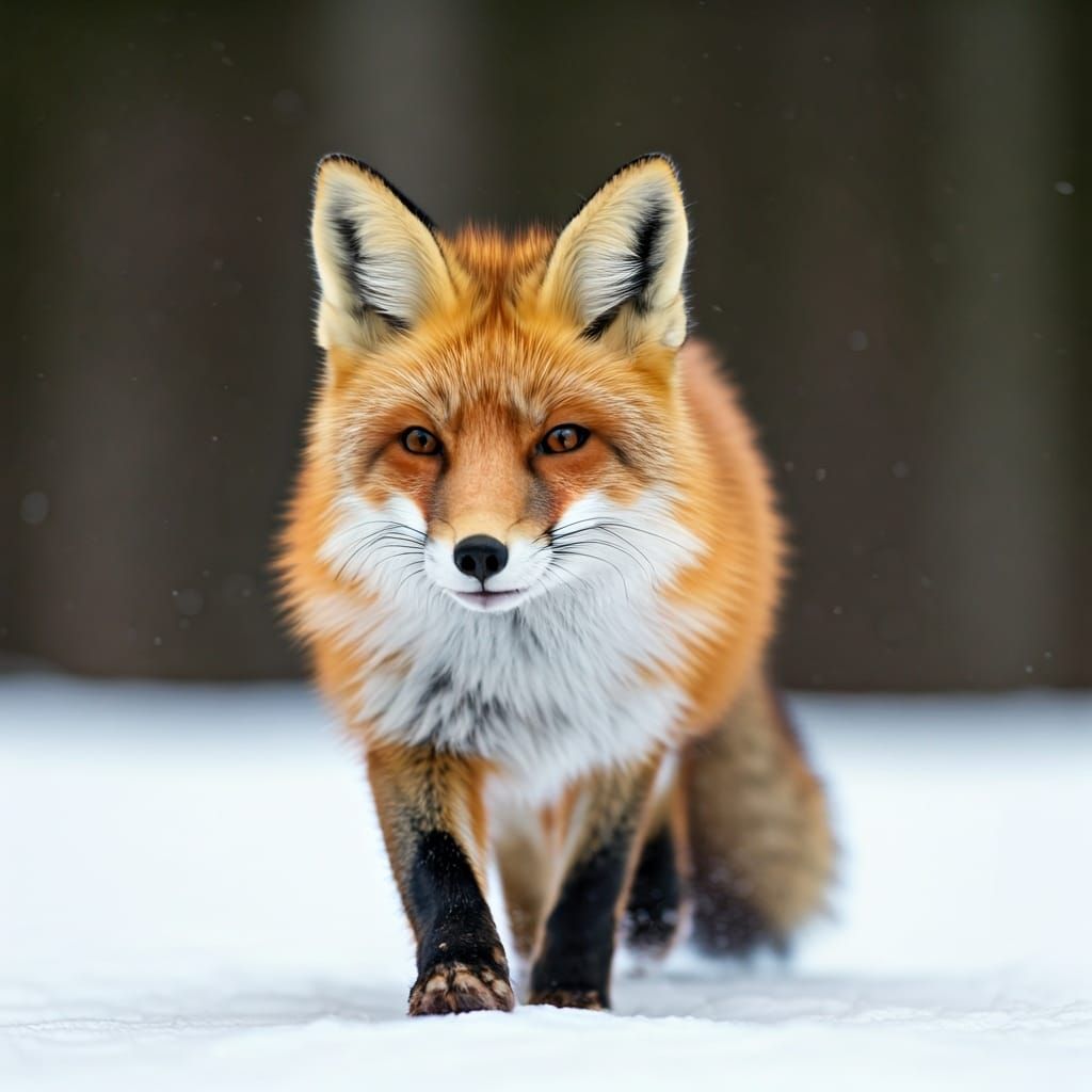 Fox in Winter Coat, Forest Scene