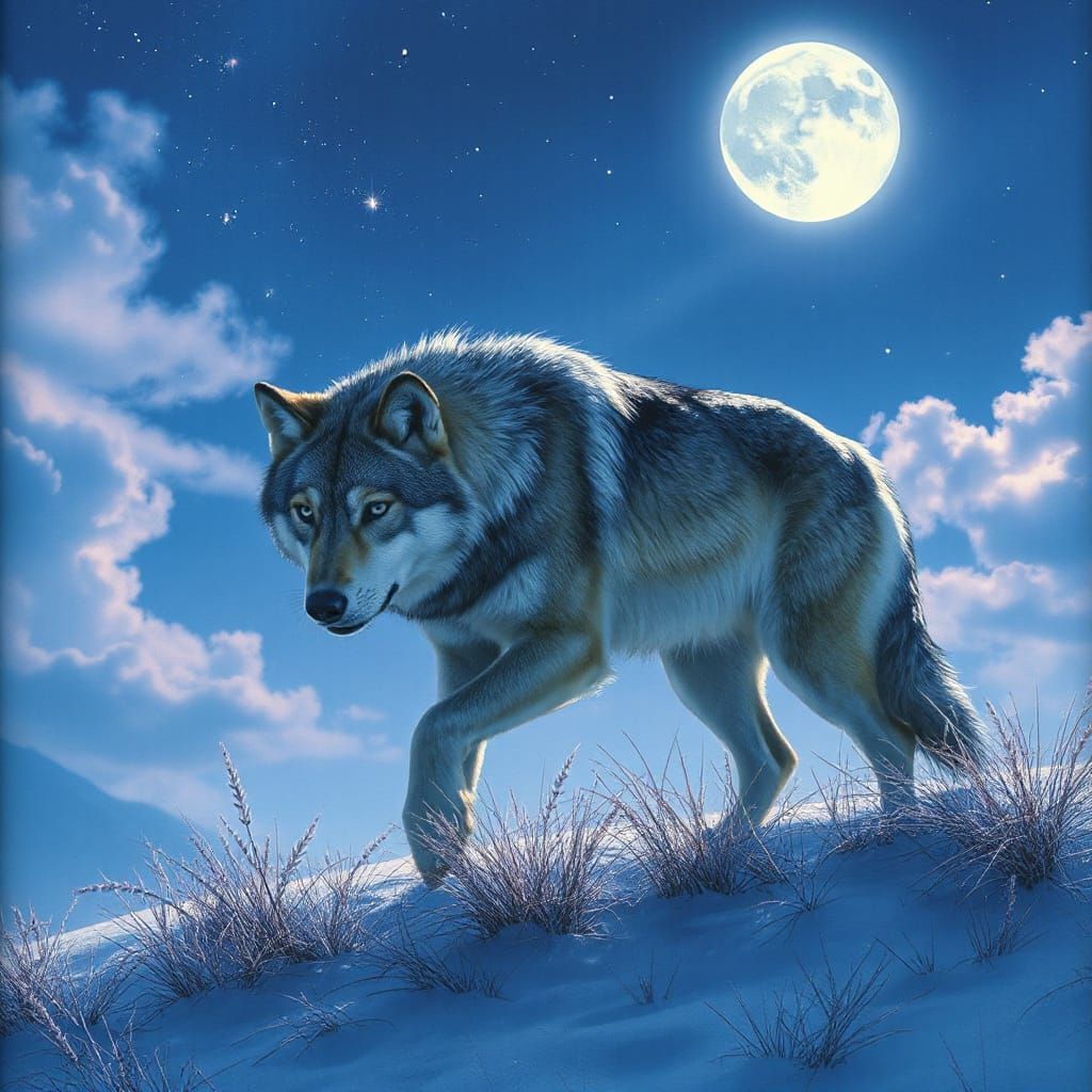 Pastel Wolf Roaming Under Celestial Sky