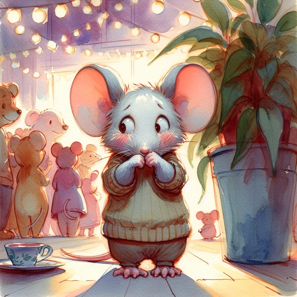 Shy Mouse at Party in Watercolor Style