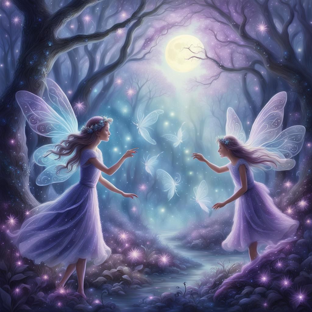 Fairies Dancing in Mystical Forest with Moonlit Glow