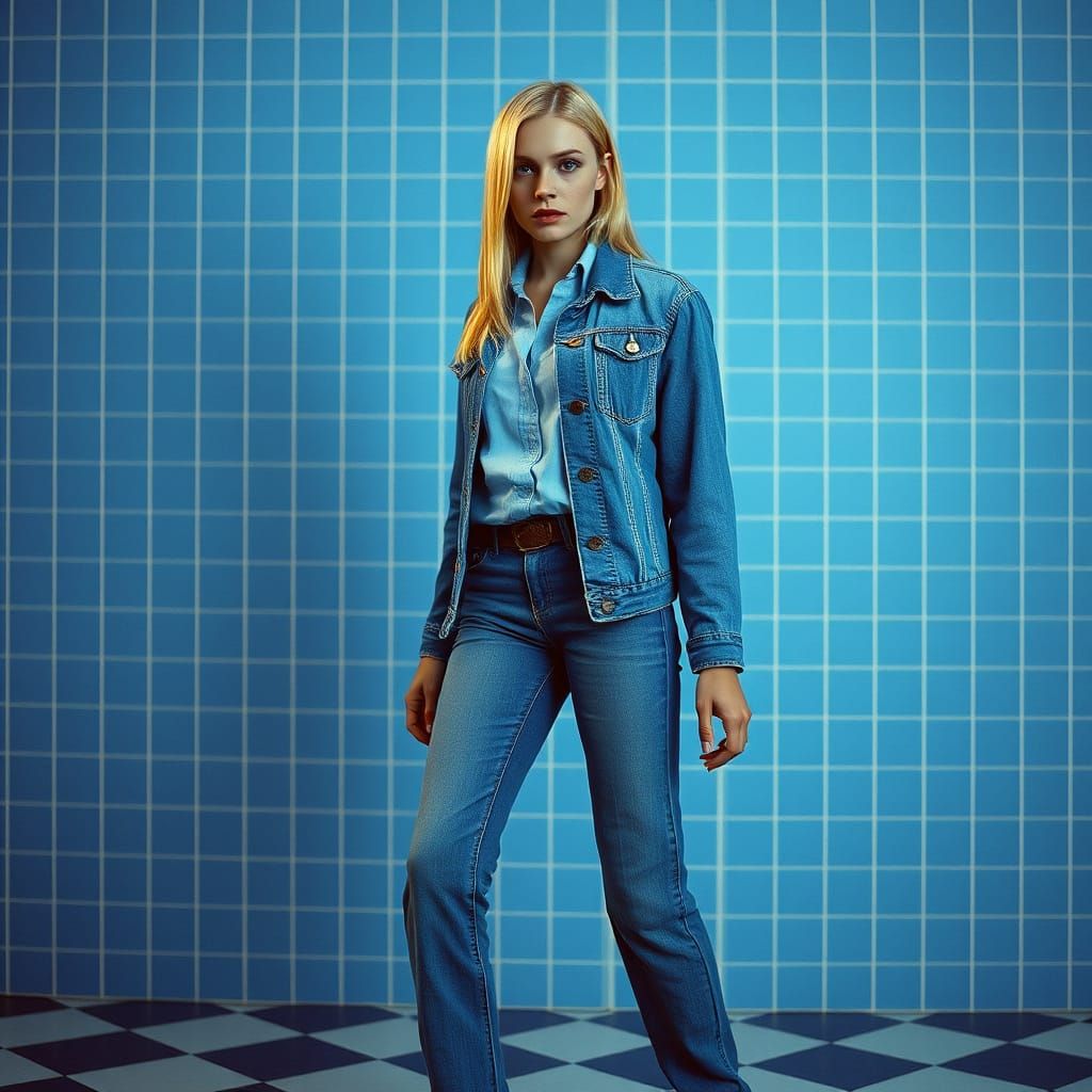Hyperrealistic Woman in Blue Denim on Checkerboard
