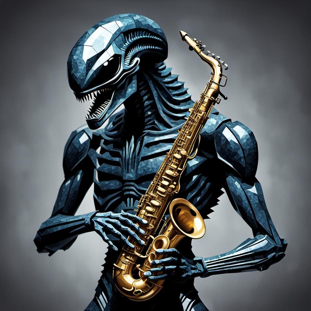 Cubist Xenomorph Plays Saxophone in Surreal Space