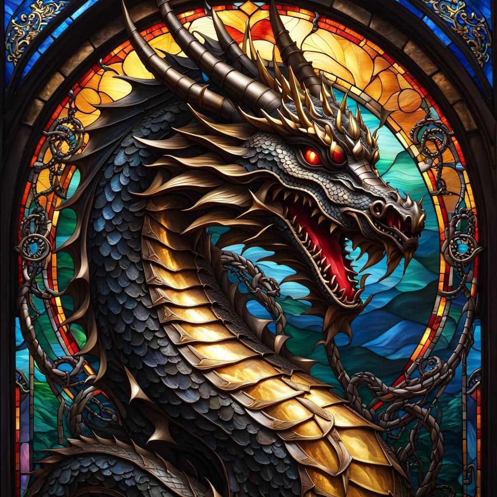 Chained Dragon in Stained Glass Window