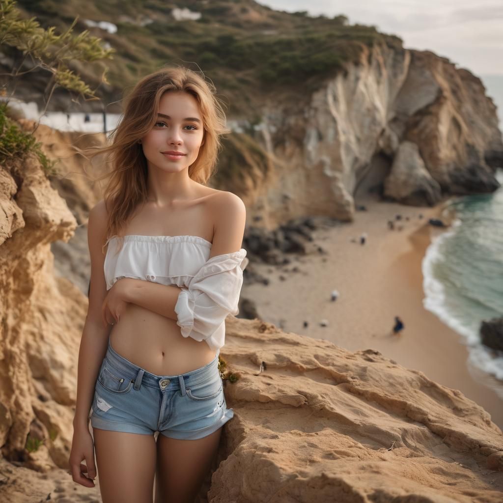 Beautiful Woman Posing on Cliff Overlooking Beach
