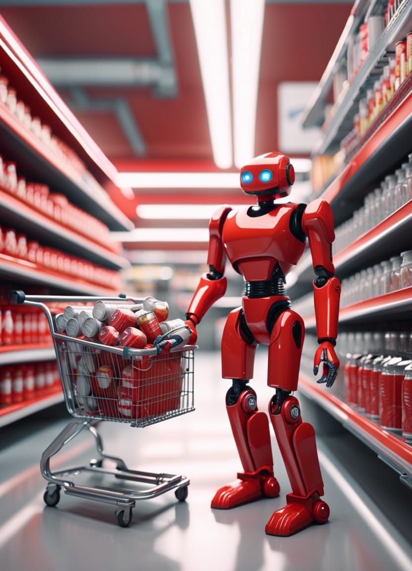 Red Robot Shopping in Futuristic Supermarket