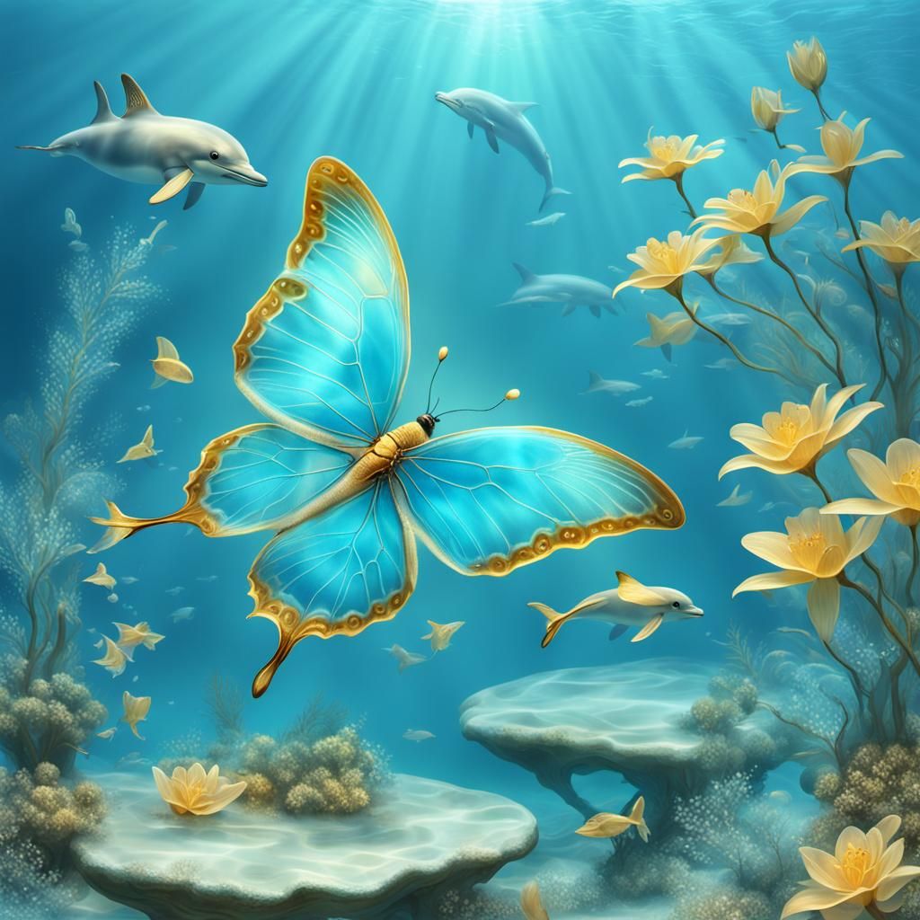 Golden Butterfly and Dolphin in Tranquil Water