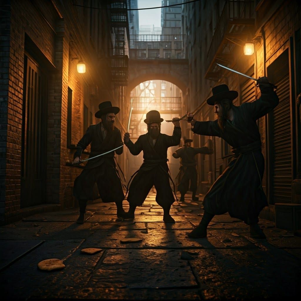 Teenage Mutant Ninja Rabbis Battle in Gritty Alley