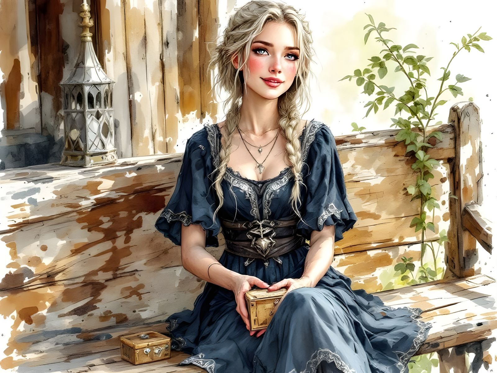Norse Goddess with Box, Watercolor Storybook Illustration