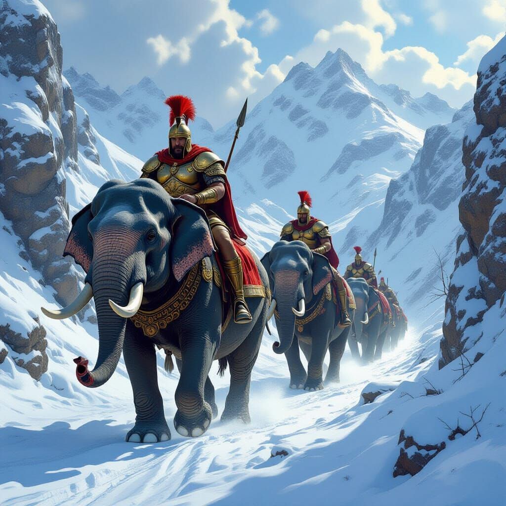 Hannibal Leads Elephants Across Alps: Retro-Futuristic Art