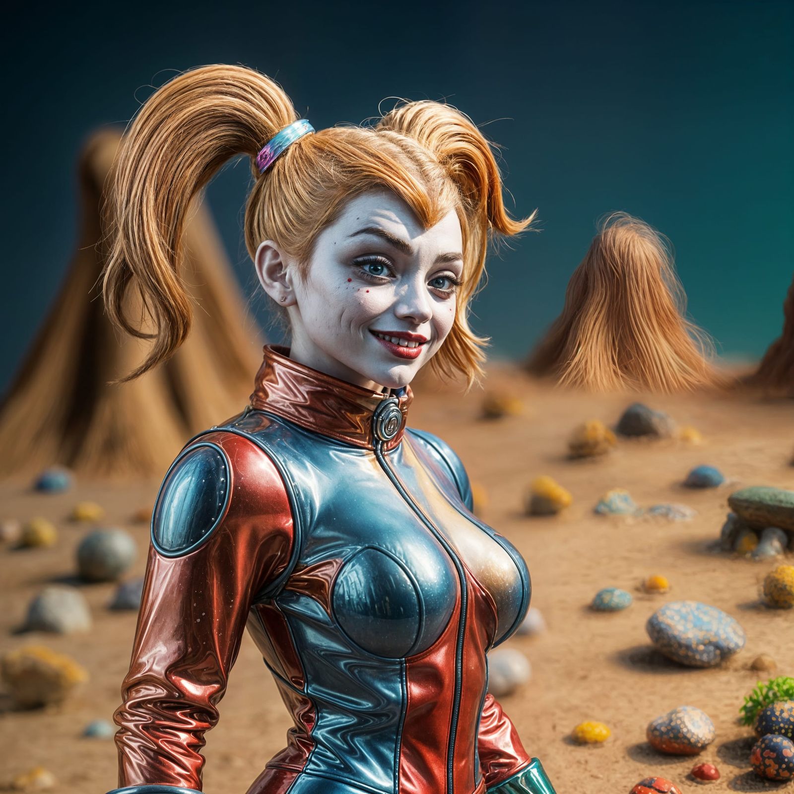 Harley Quinn in Vibrant Spacesuit Standing on Clay Landscape