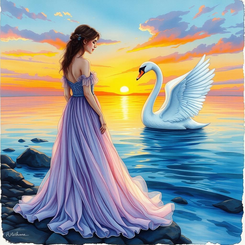 Ophelia and Swan in Alcohol Ink Style