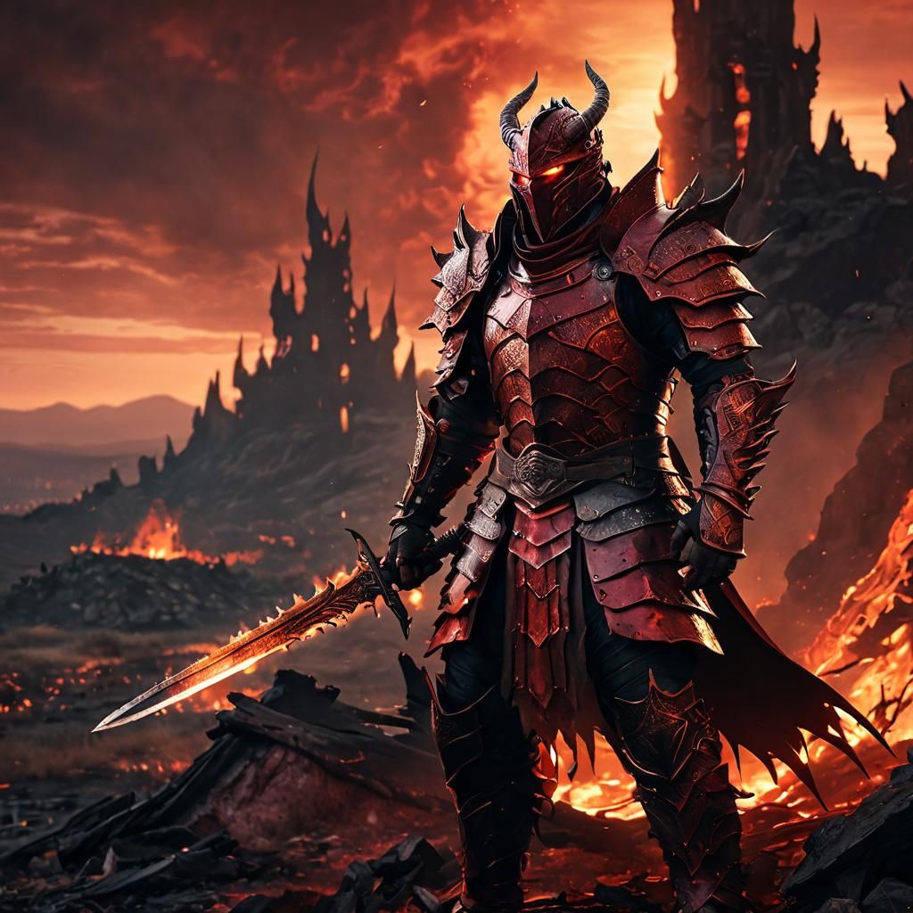 Warrior in Dragonscale Armor Amidst Fiery Landscape