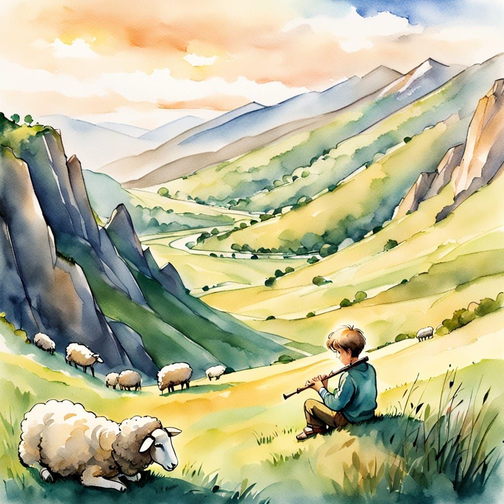 Boy Plays Flute by Cliff in Watercolor Sketch Style