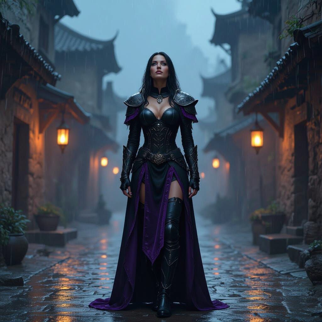 Warrior in Leather Armor on Rainy Street