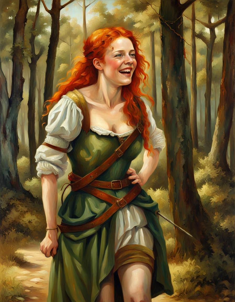 Red-Haired Robin Hood in Sunlit Forest, Oil Painting