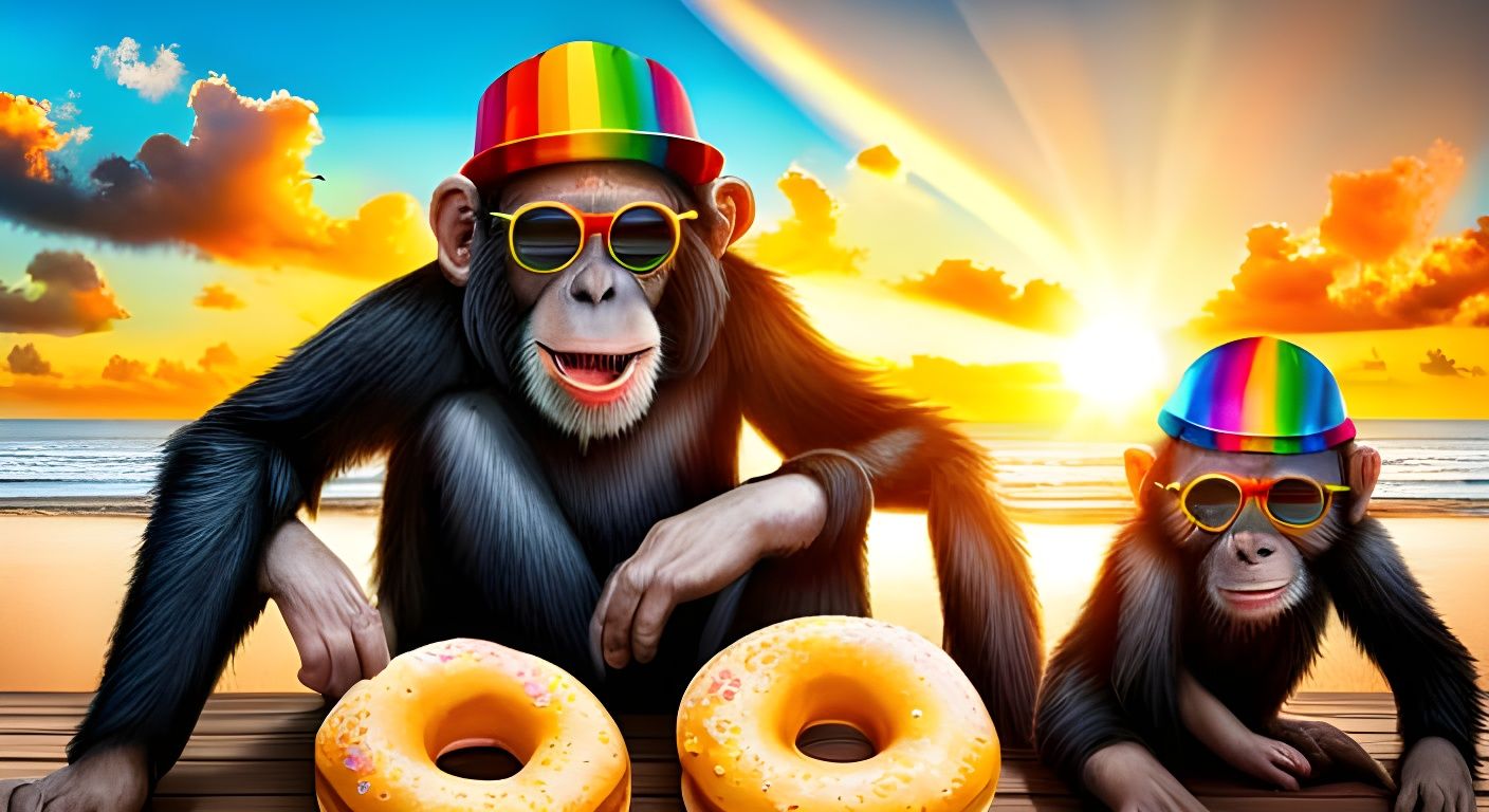 Chimpanzees Enjoying Donuts on a Sunny Beach