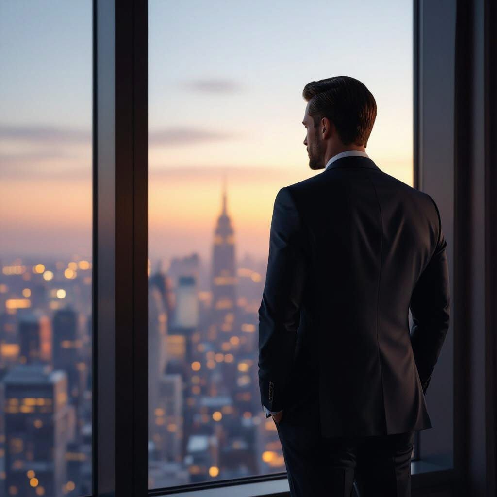 Leader Reflects Over Cityscape in Minimalist Style