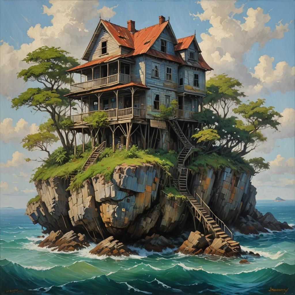 A multi-storey rickety old house on a tiny island in the mid...