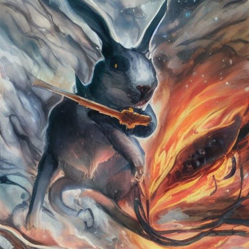 Surreal Rabbit Wields Blazing Fire Swords in Mystic Atmosphe...
