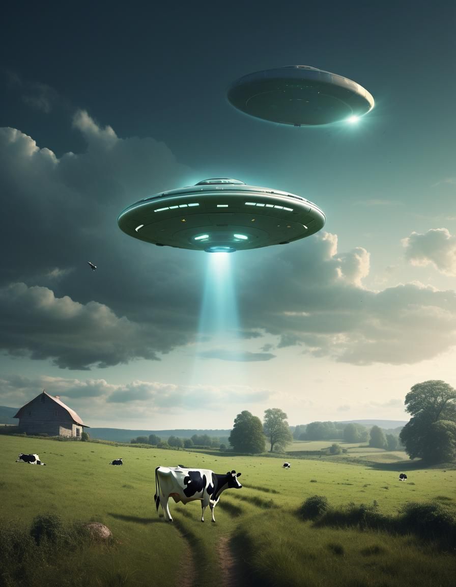 UFO Abduction of Cow in Rural Landscape