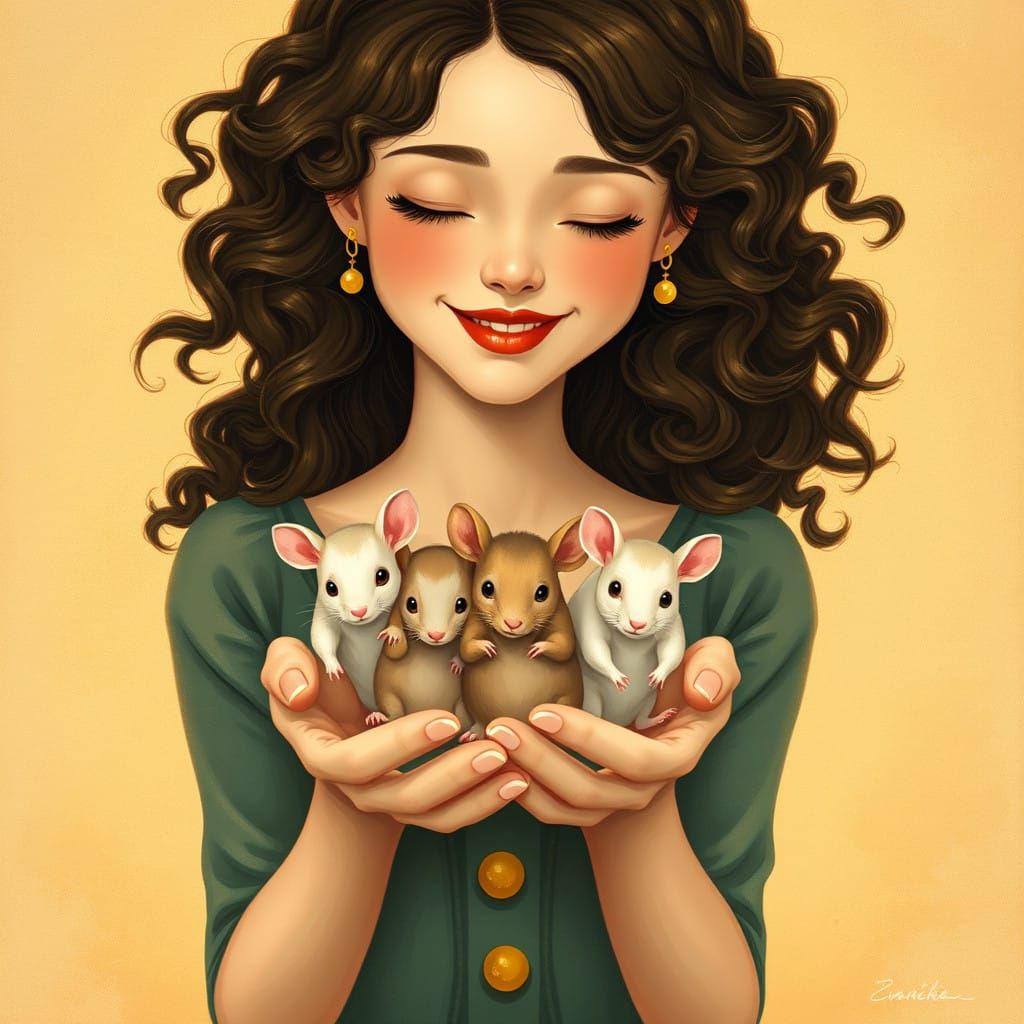Enchanting Lady with Mice, in Whimsical Art Nouveau Style