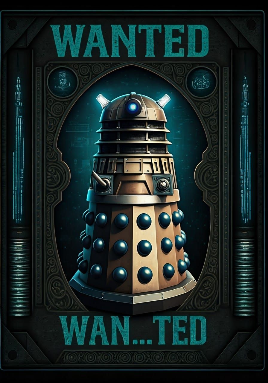 Retro-Futuristic Dalek Wanted Poster in Cyberpunk Style
