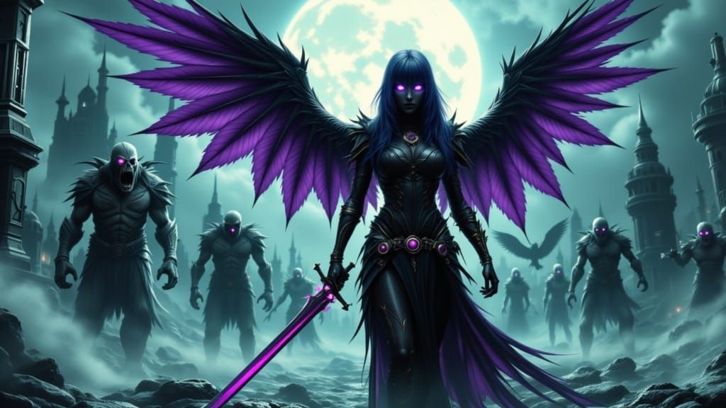 Surreal Raven Goddess Battles Undead Horde Under Midnight Sk...