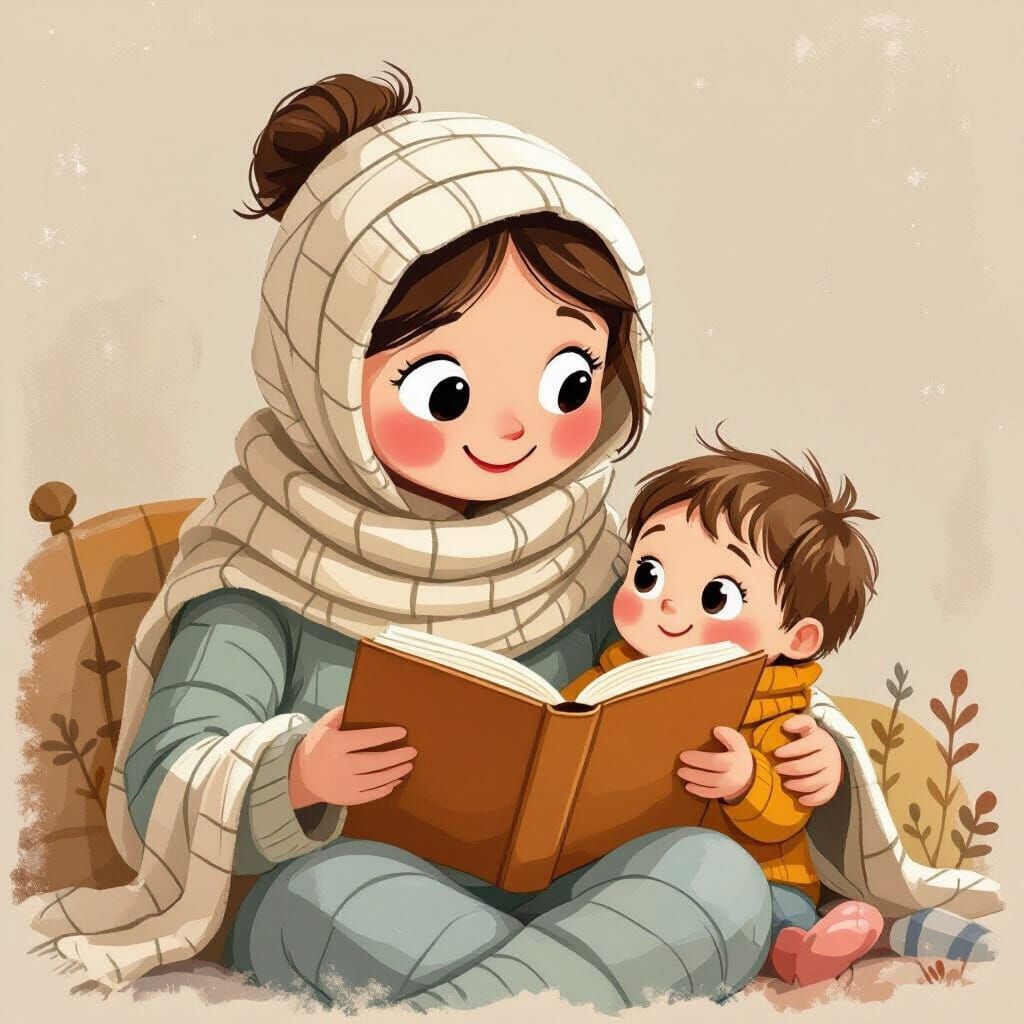 Cartoon Mummy Reading to Child in Whimsical Style