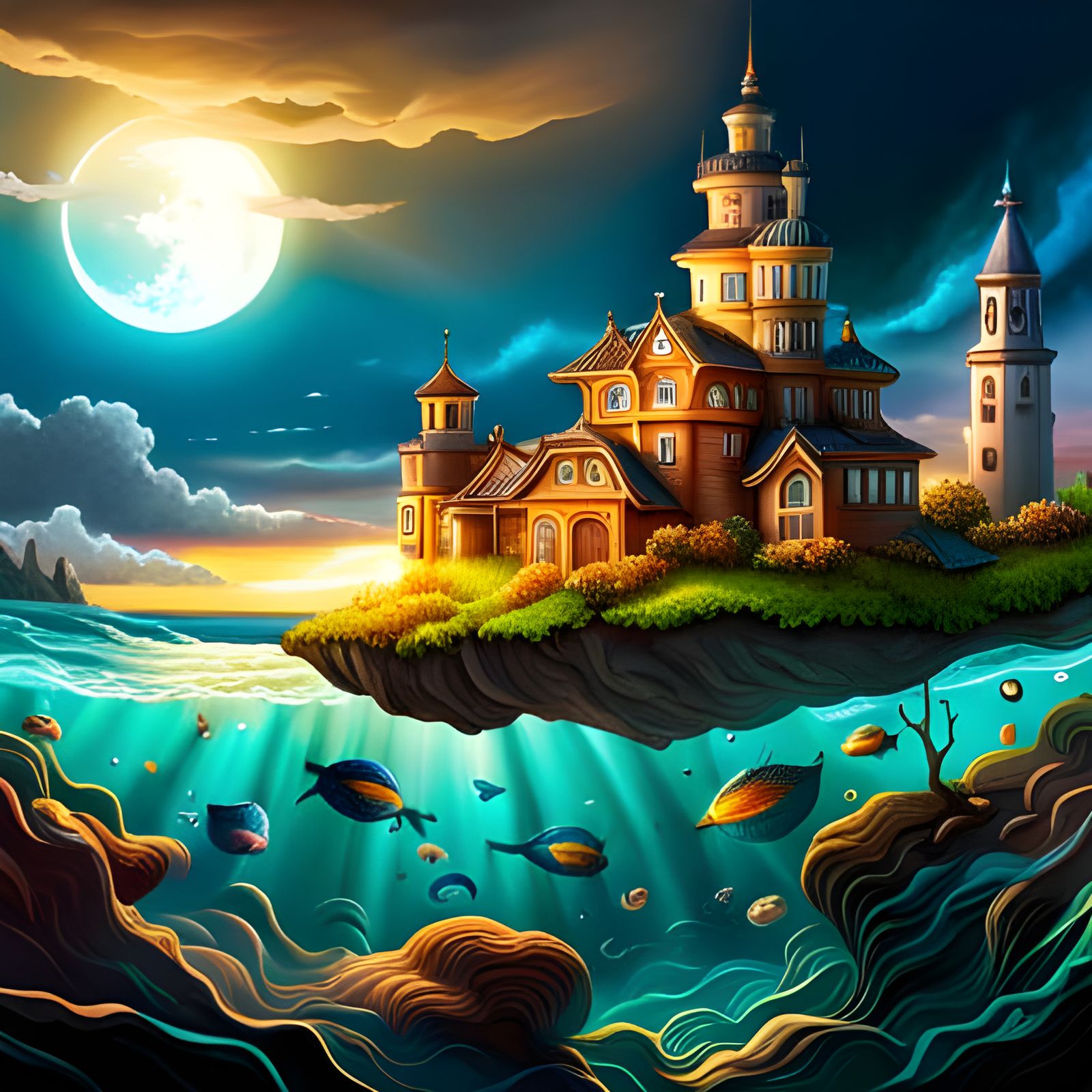 Enchanted Ocean Scene with Whimsical Submarine