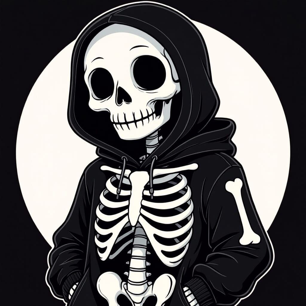 Monochrome Cartoon Character Portrait in Skeleton Hoodie
