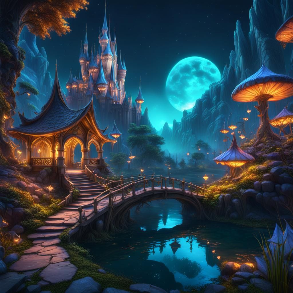 Aesthetic Fairy Kingdoms at Night in Detailed Matte Painting